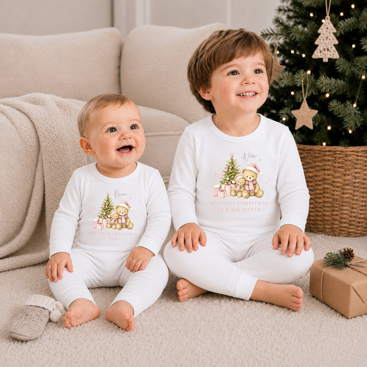 Personalised Pink Bears Tree Sibling Matching Pyjamas or Baby Grow