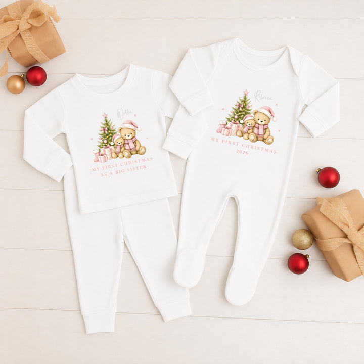 Personalised Pink Bears Tree Sibling Matching Pyjamas or Baby Grow