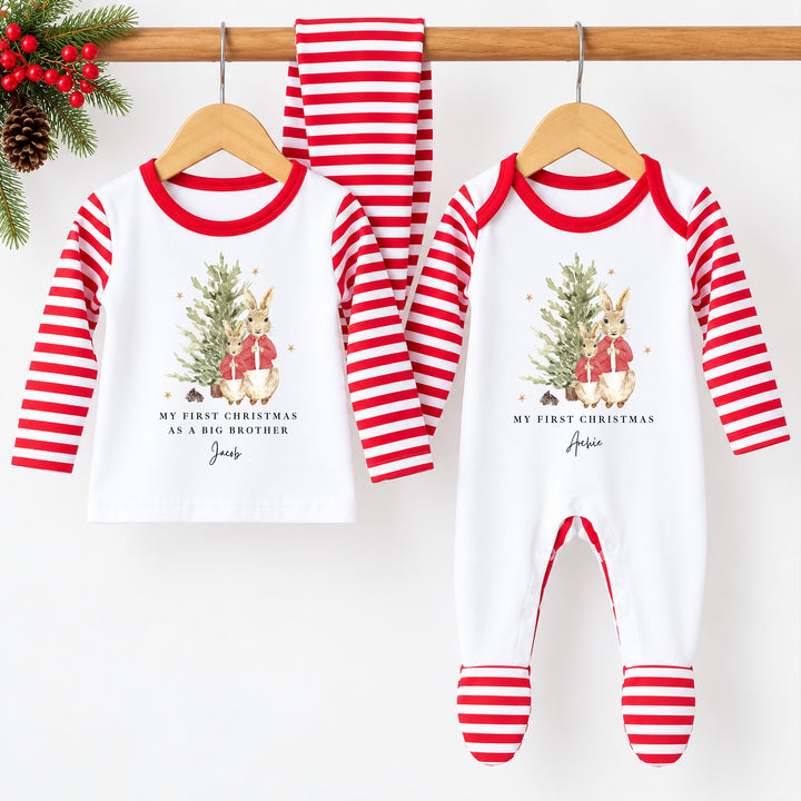 Personalised Red Rabbit Tree Sibling Matching Pyjamas or Baby Grow