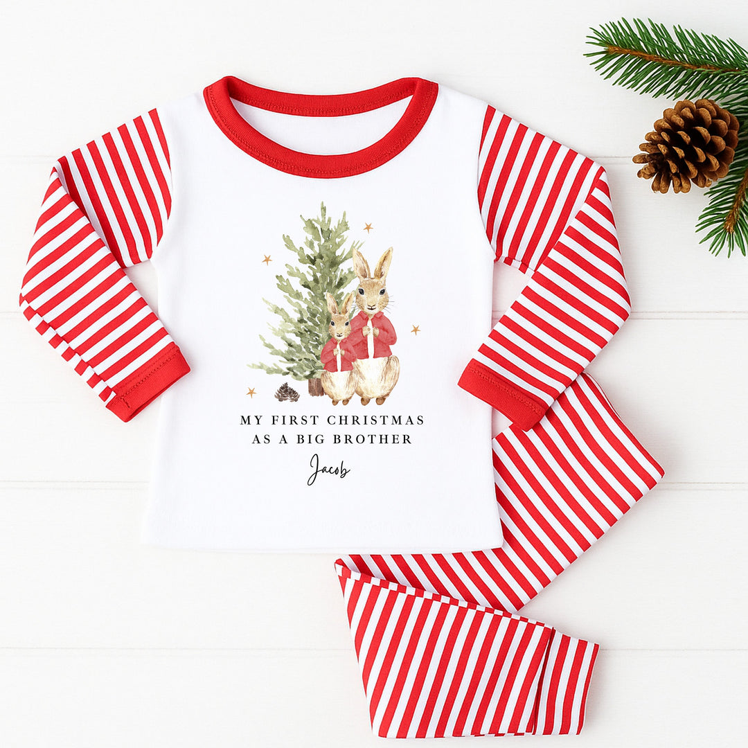 Personalised Red Rabbit Tree Sibling Matching Pyjamas or Baby Grow