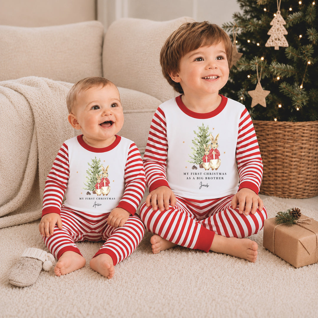 Personalised Red Rabbit Tree Sibling Matching Pyjamas or Baby Grow