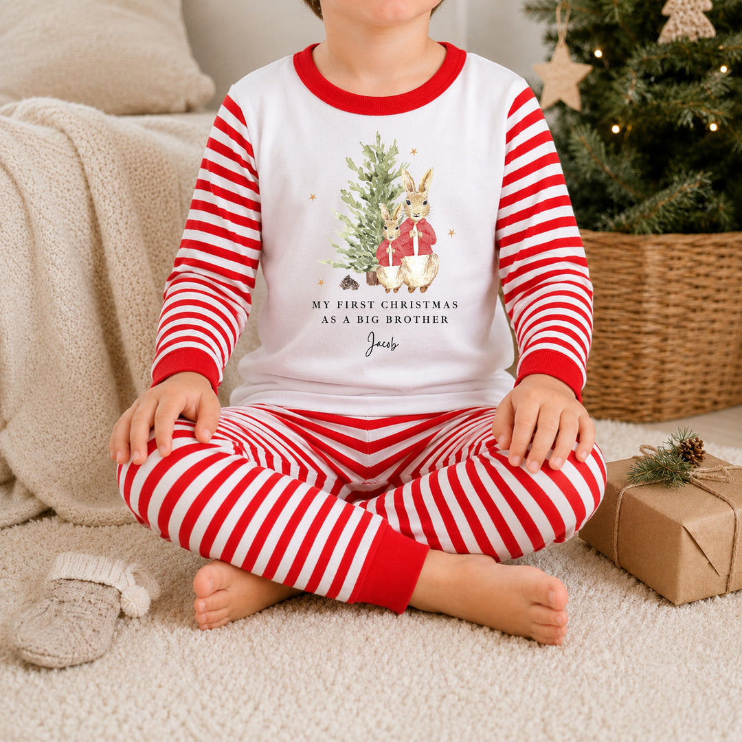 Personalised Red Rabbit Tree Sibling Matching Pyjamas or Baby Grow