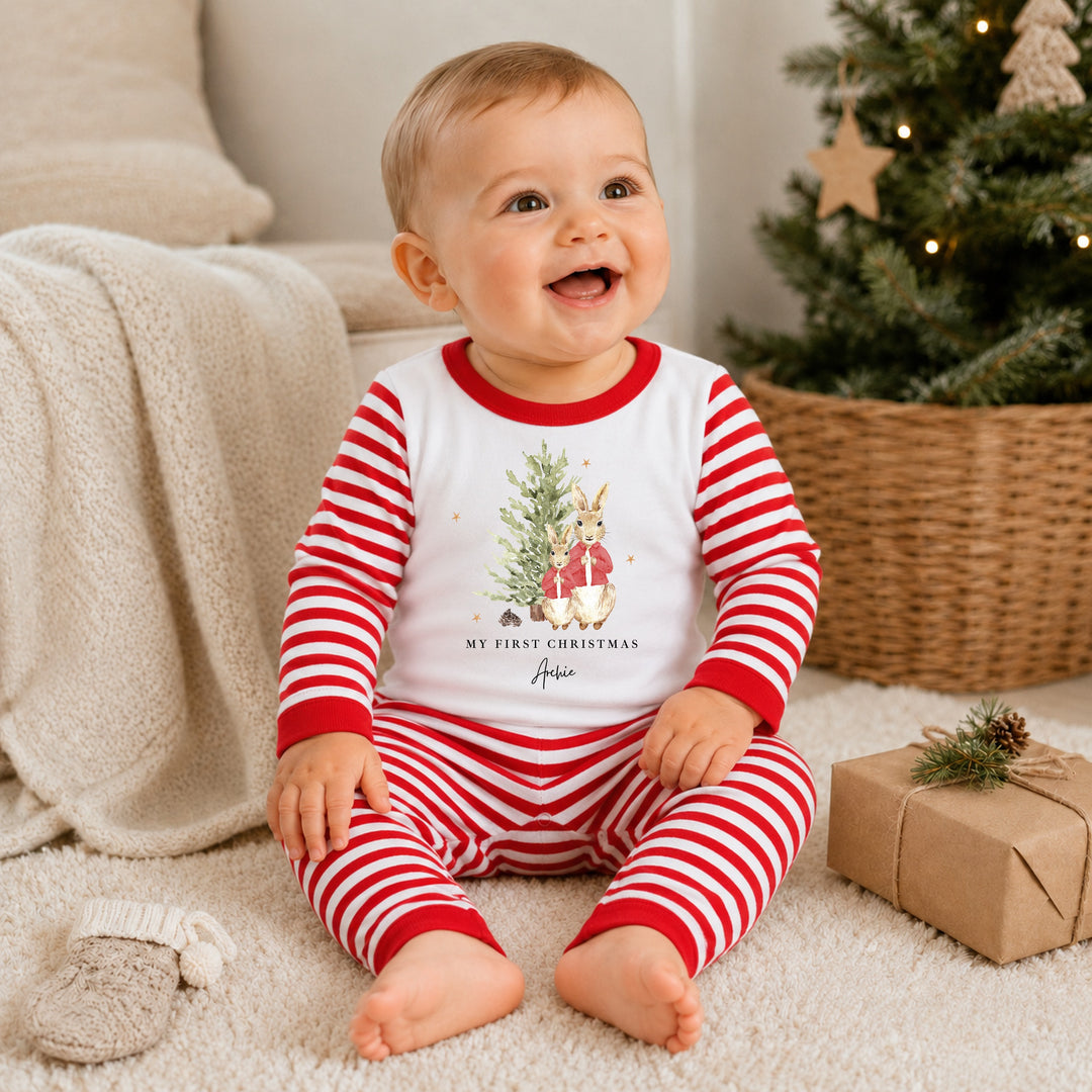 Personalised Red Rabbit Tree Sibling Matching Pyjamas or Baby Grow