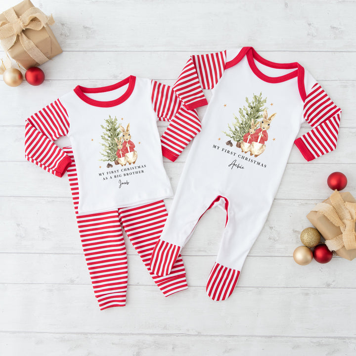 Personalised Red Rabbit Tree Sibling Matching Pyjamas or Baby Grow