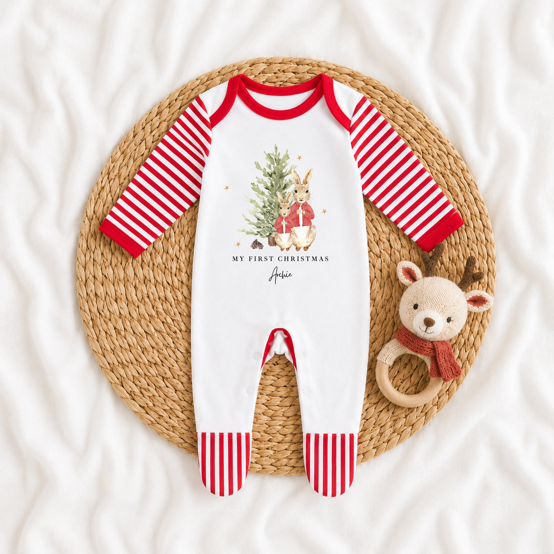 Personalised Red Rabbit Tree Sibling Matching Pyjamas or Baby Grow