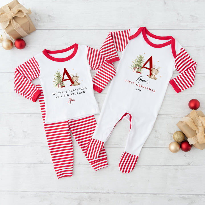Personalised Bear Reindeer Initial Sibling Matching Pyjamas or Baby Grow