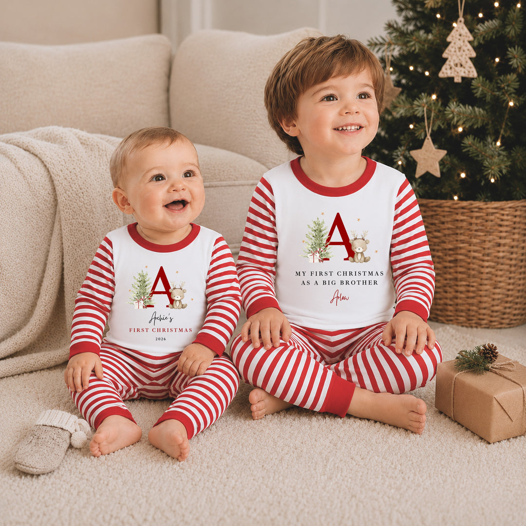 Personalised Bear Reindeer Initial Sibling Matching Pyjamas or Baby Grow