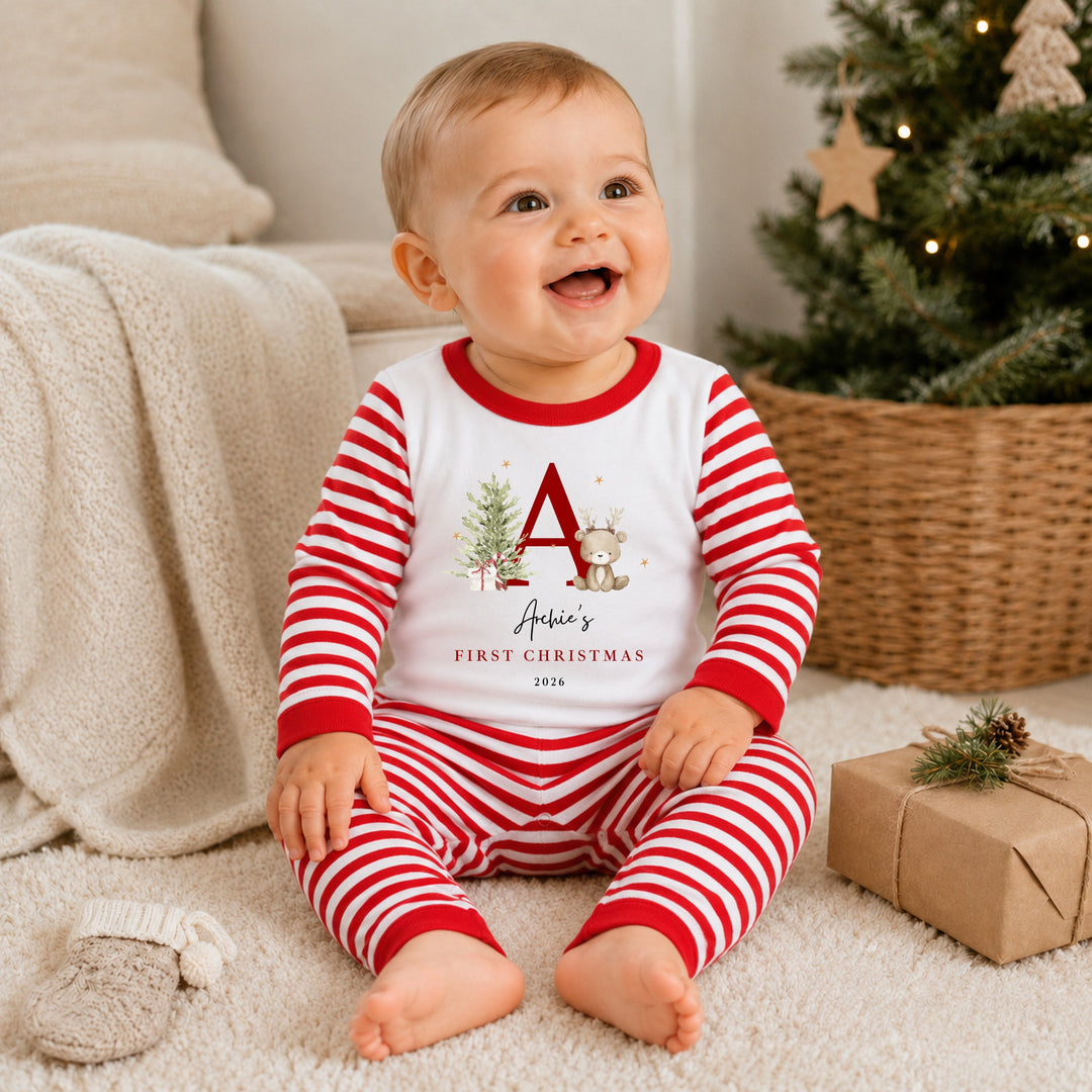 Personalised Bear Reindeer Initial Sibling Matching Pyjamas or Baby Grow