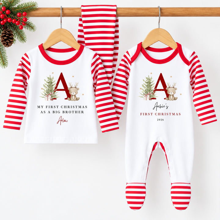 Personalised Bear Reindeer Initial Sibling Matching Pyjamas or Baby Grow