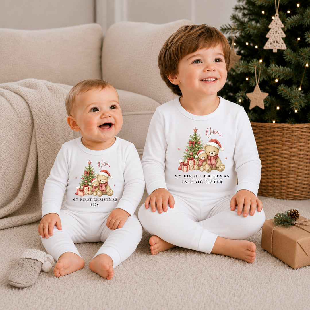 Personalised Red Bears Tree Sibling Matching Pyjamas or Baby Grow
