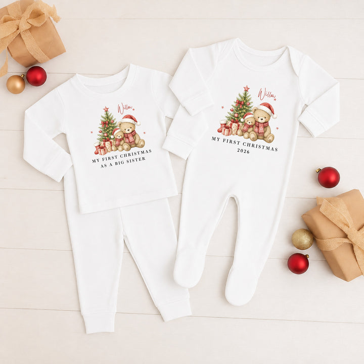 Personalised Red Bears Tree Sibling Matching Pyjamas or Baby Grow
