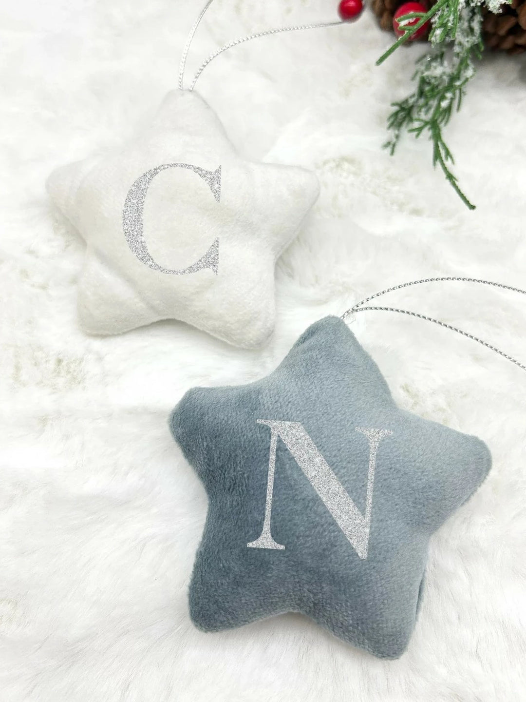 Personalised Silver Glitter Initial Star Ornament | Pink, Blue, Grey and White