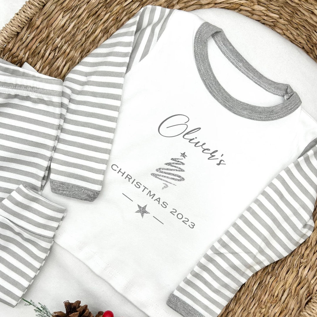 Personalised Silver Simple Christmas Grey Striped Christmas Pyjamas