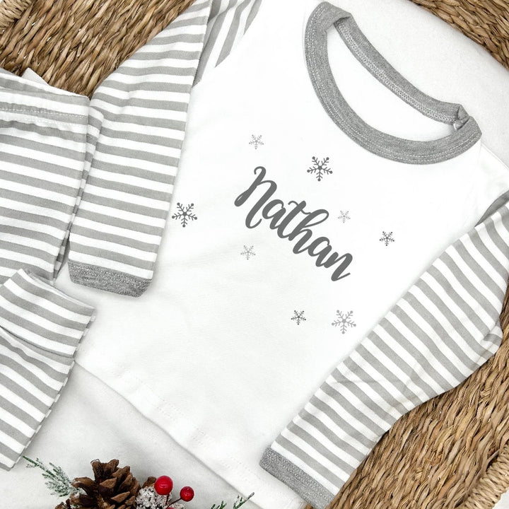 Personalised Silver Snowflake Grey Striped Christmas Pyjamas