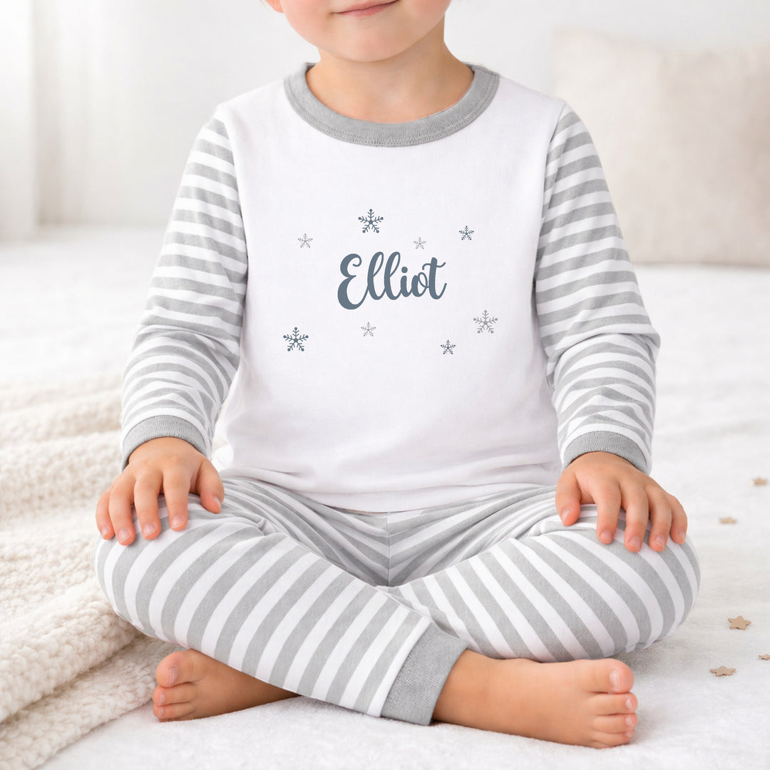 Personalised Silver Snowflake Grey Striped Christmas Pyjamas