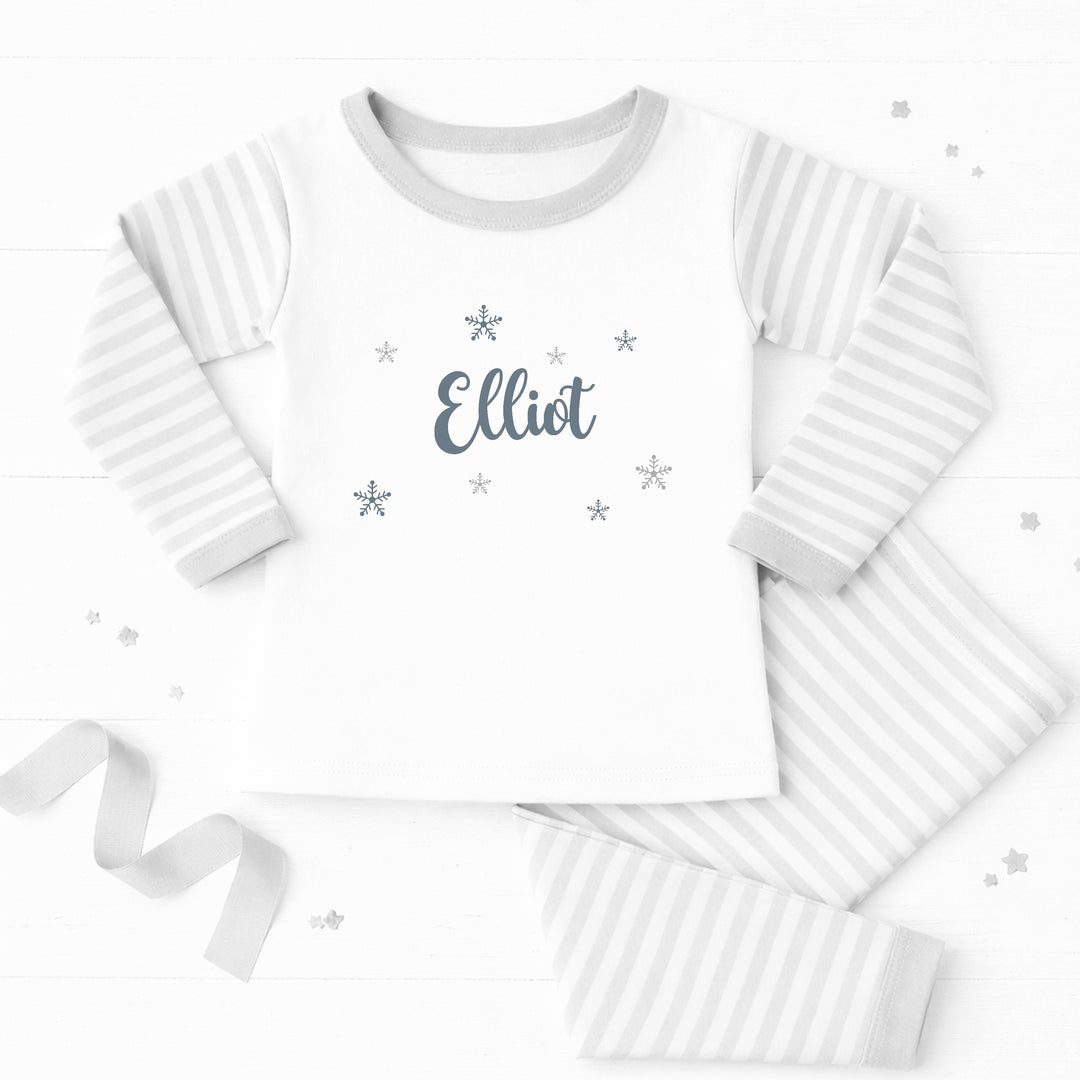 Personalised Silver Snowflake Grey Striped Christmas Pyjamas