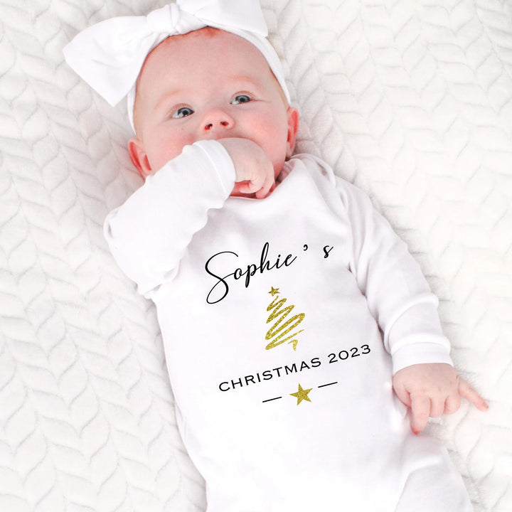 Personalised First Christmas Gold Christmas Tree Babygrow