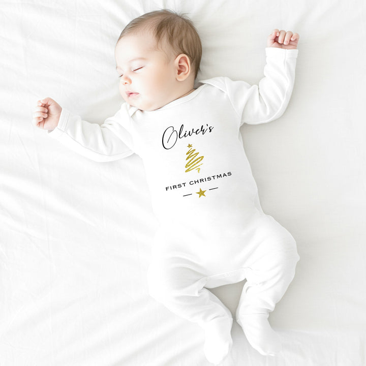 Personalised First Christmas Gold Christmas Tree Baby Grow