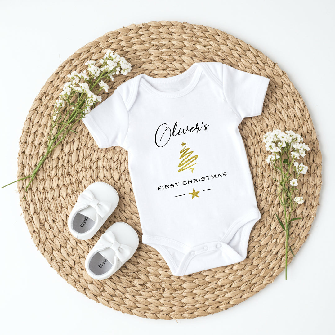 Personalised First Christmas Gold Christmas Tree Baby Grow
