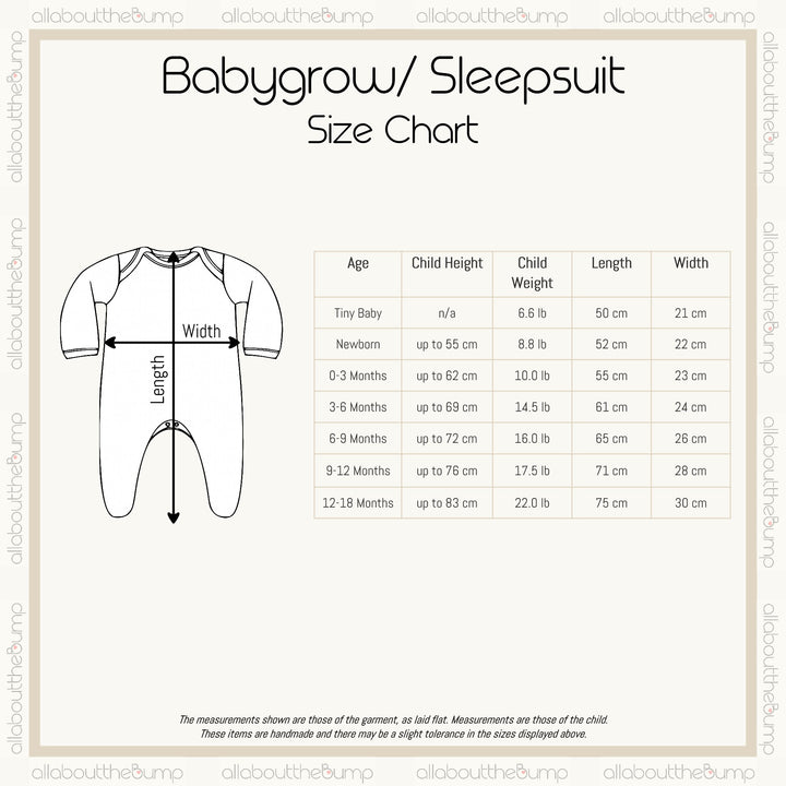 A size chart for the baby grows/sleepsuits. These are avaliable from a Tiny Baby to 12-18 Months