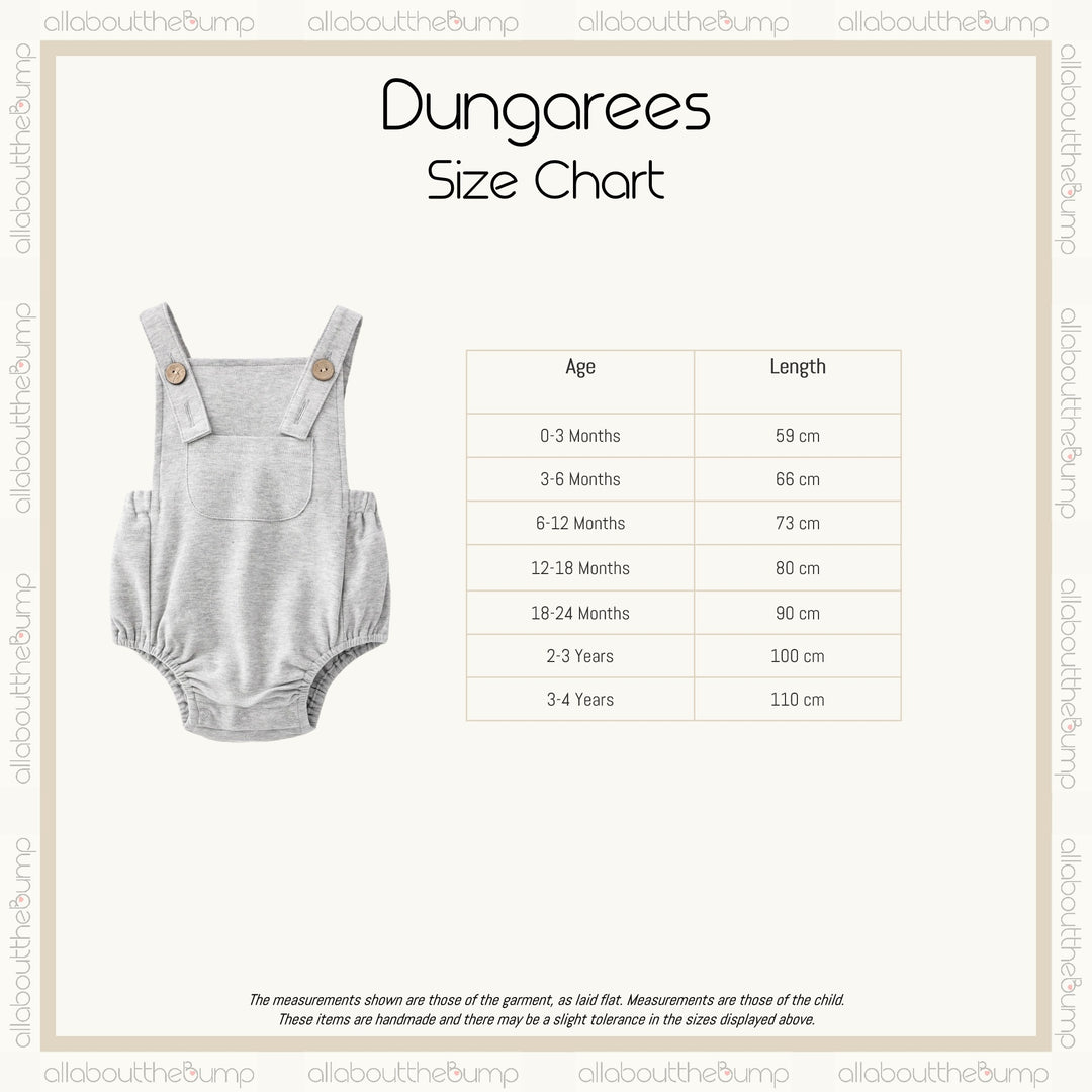 A size chart for the dungarees. These dungares are avaliable from a 0-3 Months to 3-4 Years