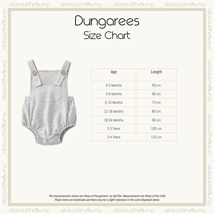 A size chart for the dungarees. These dungares are avaliable from a 0-3 Months to 3-4 Years