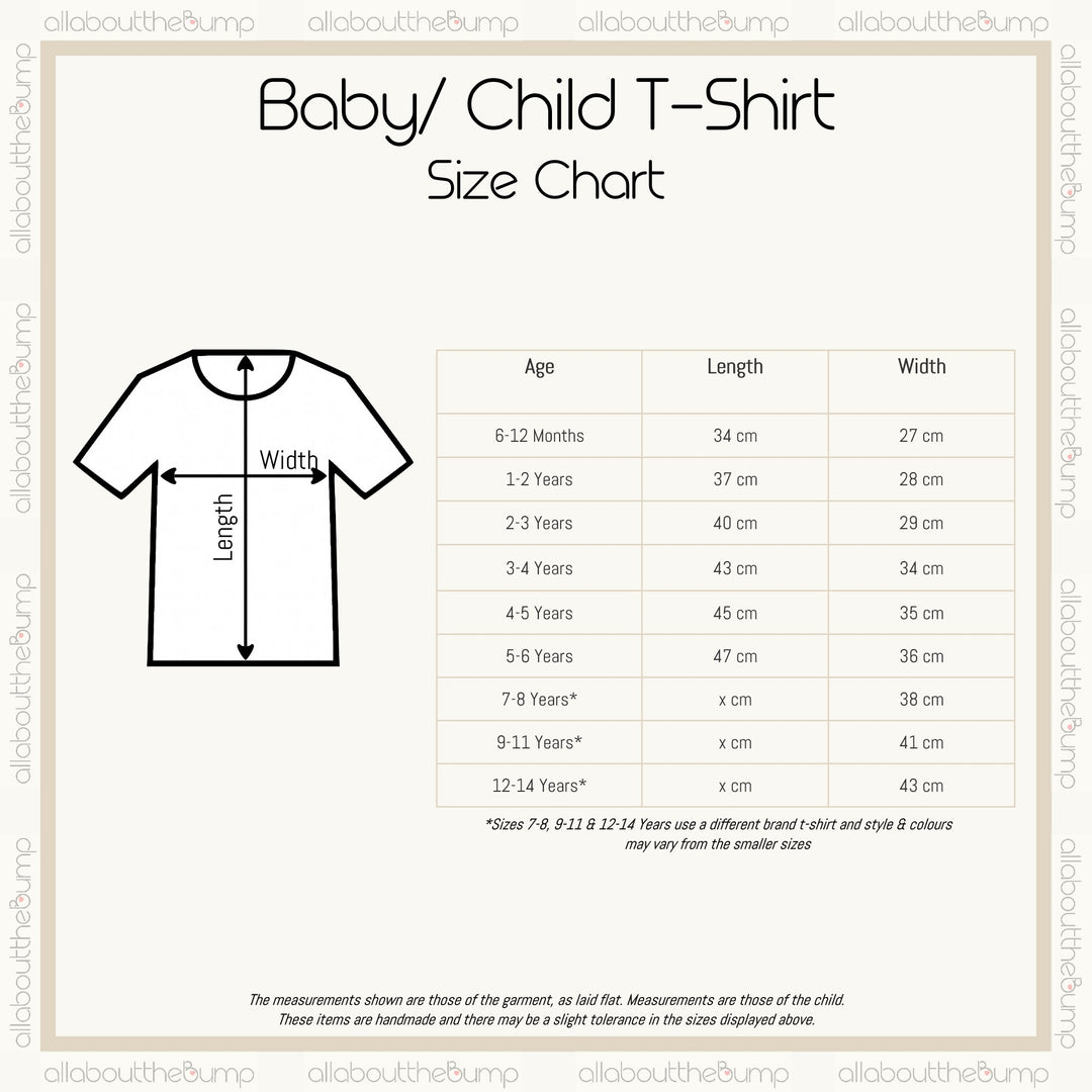 A size chart for the t-shirts. These are avaliable from a size 6-12 Months to 5-6 Years