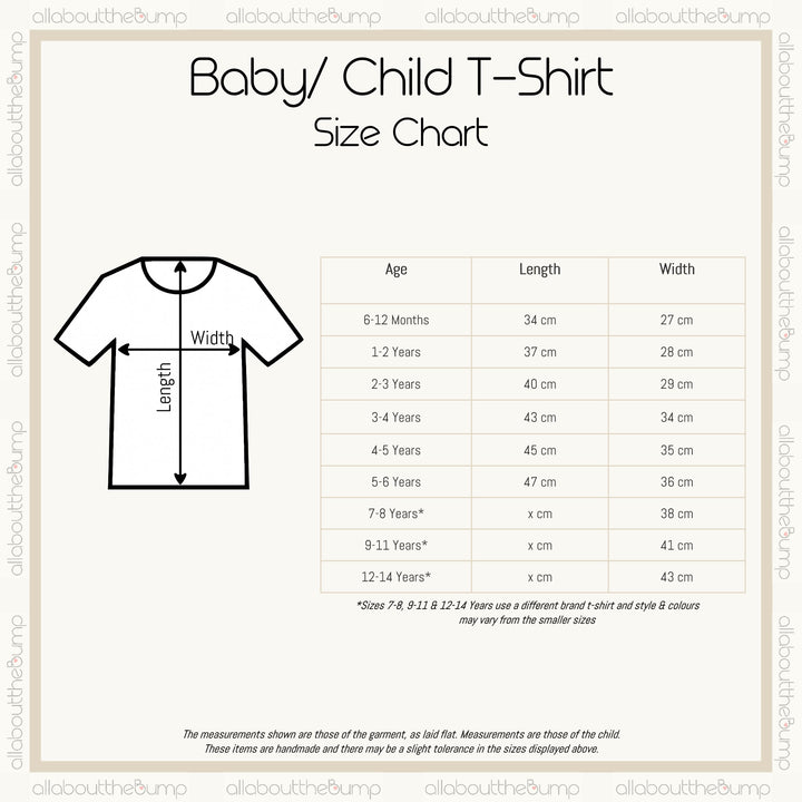 A size chart for the t-shirts. These are avaliable from a size 6-12 Months to 5-6 Years