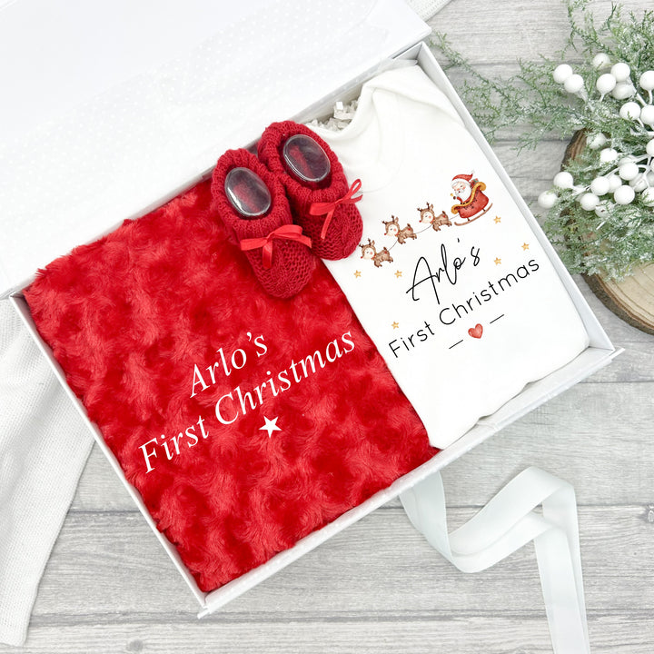 Personalised My First Christmas Santa Sleigh Embroidered Blanket Hamper