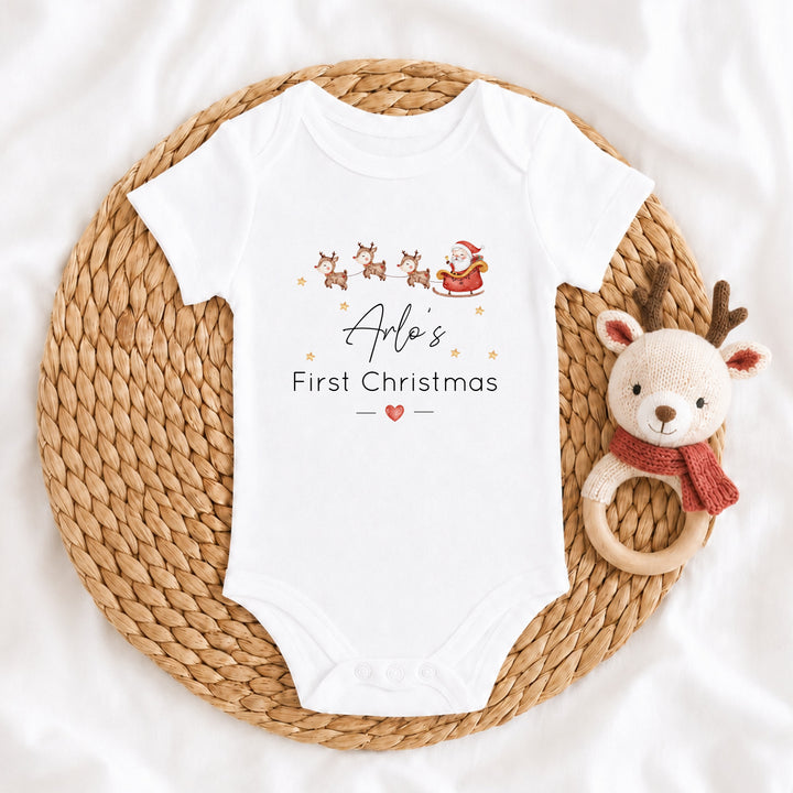 Personalised Santa Sleigh My First Christmas Baby Grow, Vest or Bib