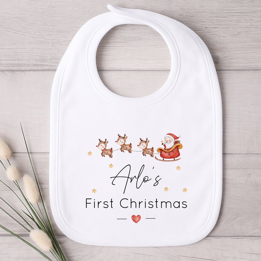 Personalised Santa Sleigh My First Christmas Baby Grow, Vest or Bib