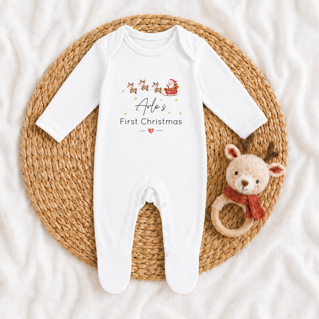 Personalised Santa Sleigh My First Christmas Baby Grow, Vest or Bib