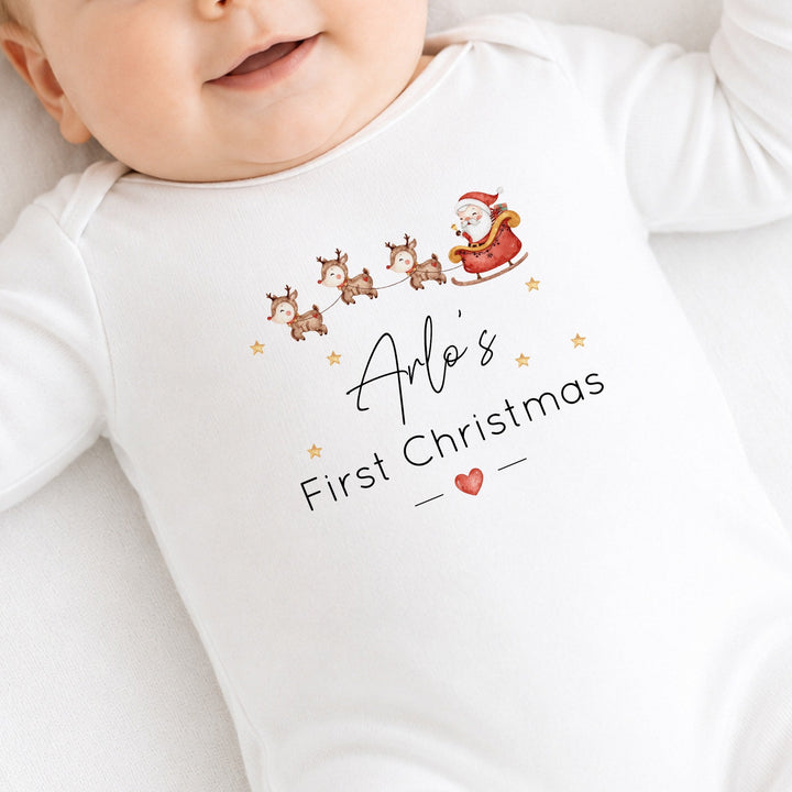 Personalised Santa Sleigh My First Christmas Baby Grow, Vest or Bib