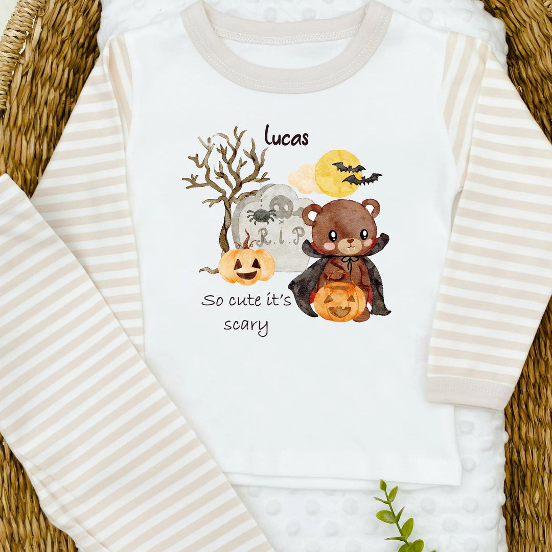 Personalised Halloween So Cute It's Scary Beige Stripe Pyjamas