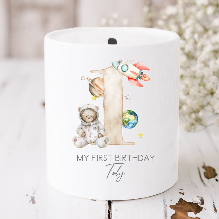 Personalised Beige Spaceman First Birthday Money Box