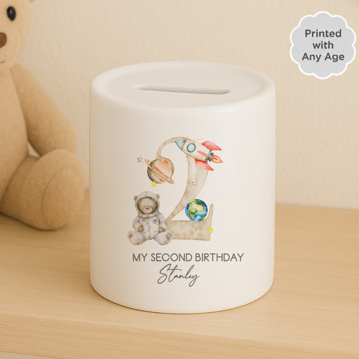 Personalised Beige Spaceman Any Age Birthday Money Box