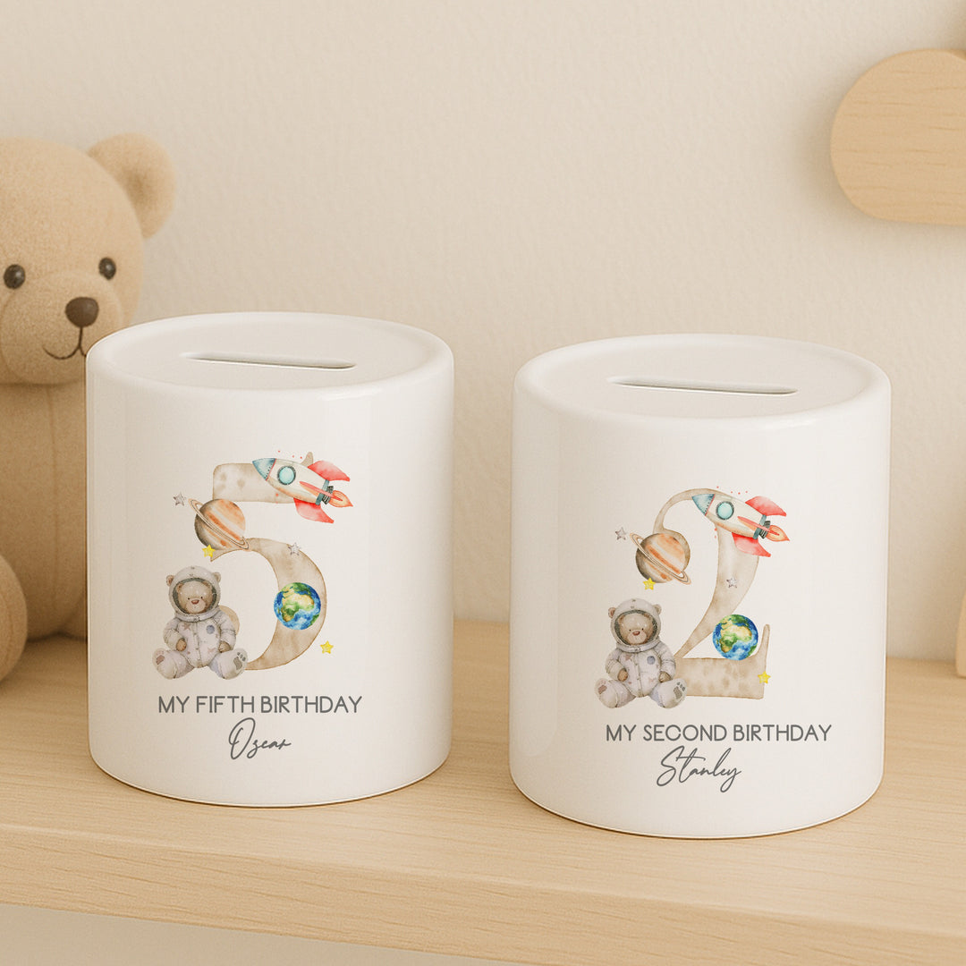 Personalised Beige Spaceman Any Age Birthday Money Box