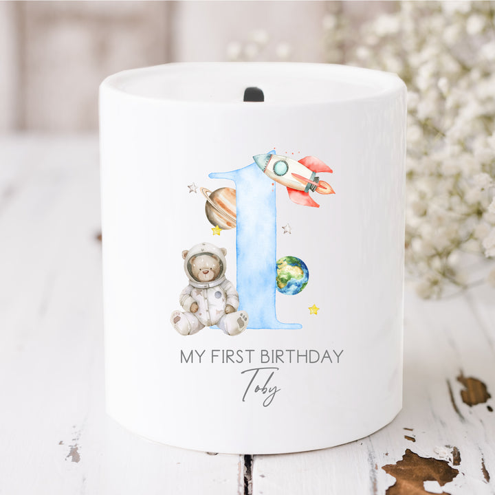 Personalised Blue Spaceman Birthday Money Box