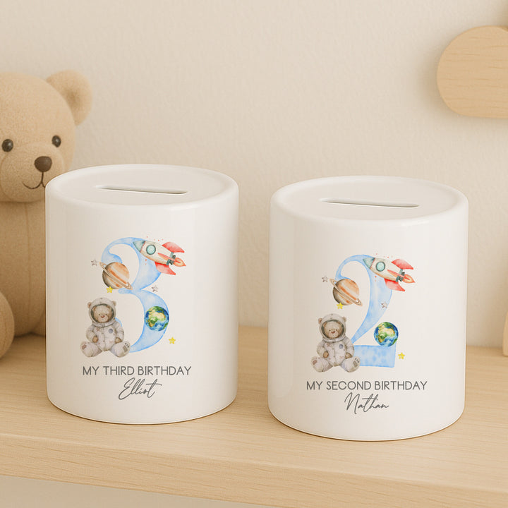 Personalised Blue Spaceman Any Age Birthday Money Box