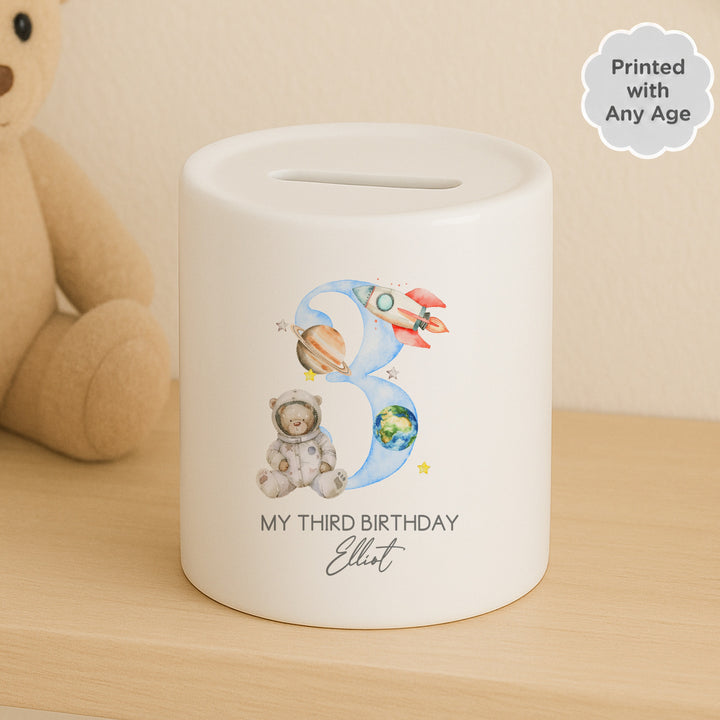Personalised Blue Spaceman Any Age Birthday Money Box