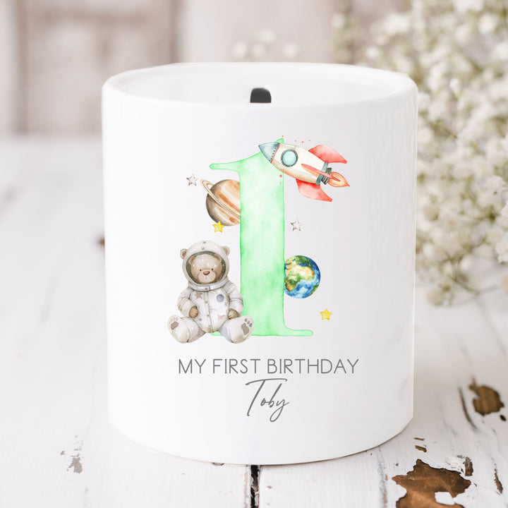 Personalised Green Spaceman First Birthday Money Box