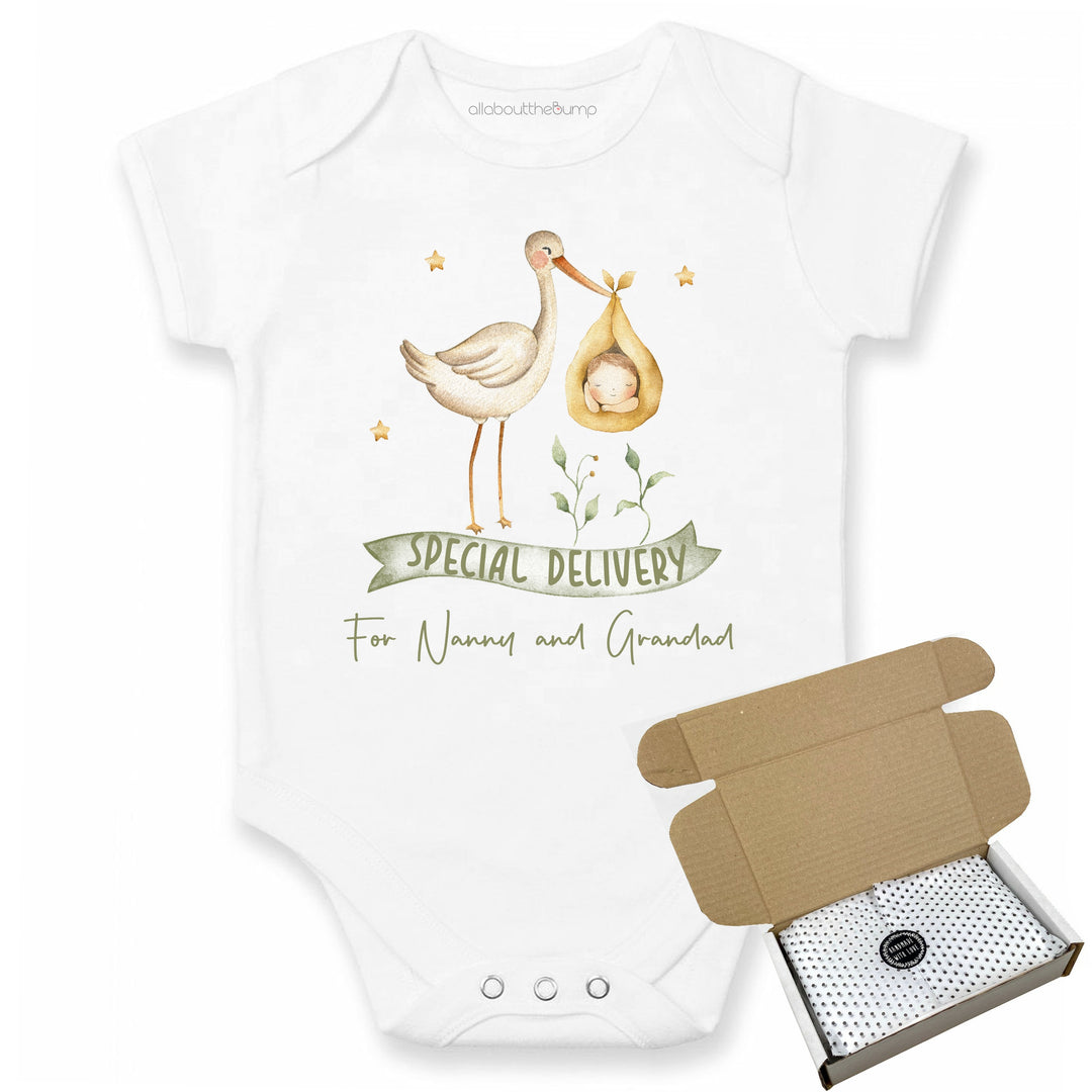 This baby announcement vest can be brought in a box lined with tissue paper