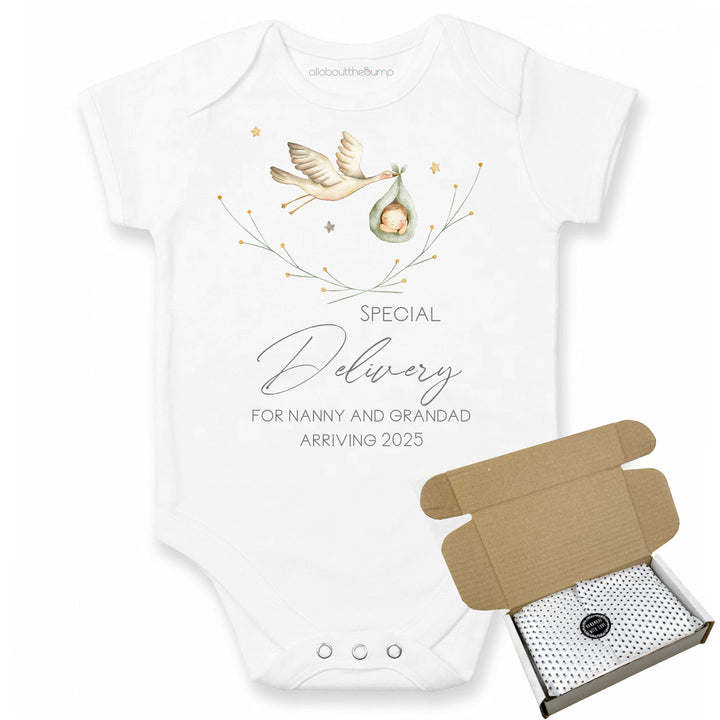 This baby announcement vest can be brought in a box lined with tissue paper