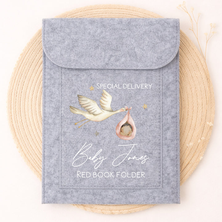 Personalised Baby Stork Red Book Cover