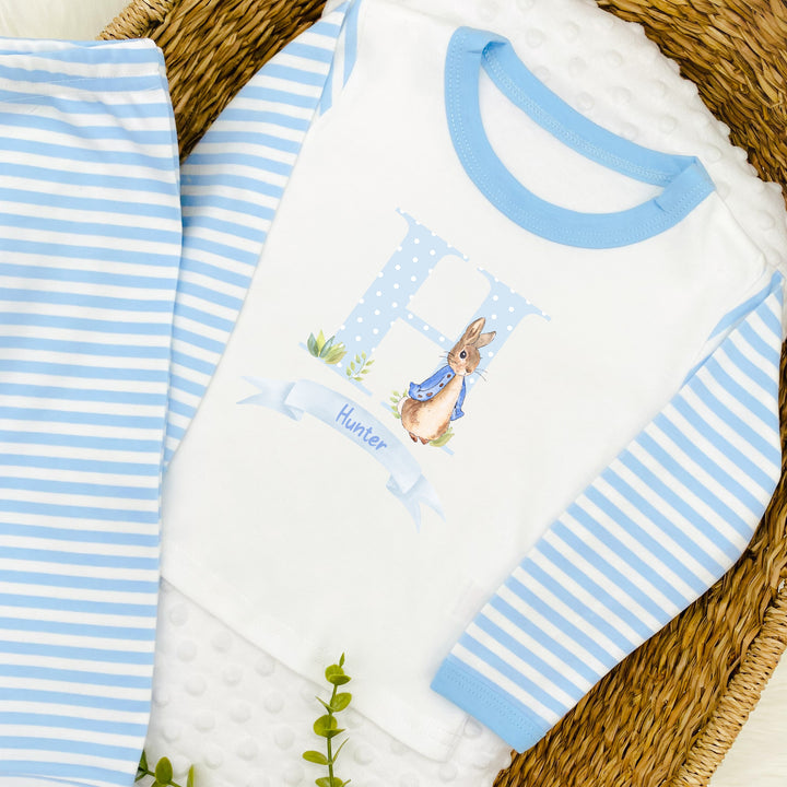 Personalised Spotty Blue Rabbit Blue Stripe Pyjamas