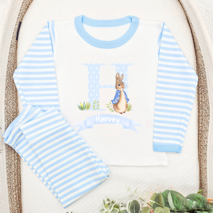 Personalised Spotty Blue Rabbit Blue Stripe Pyjamas