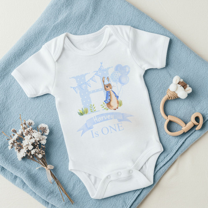 Personalised Spotty Blue Rabbit Initial Birthday Vest