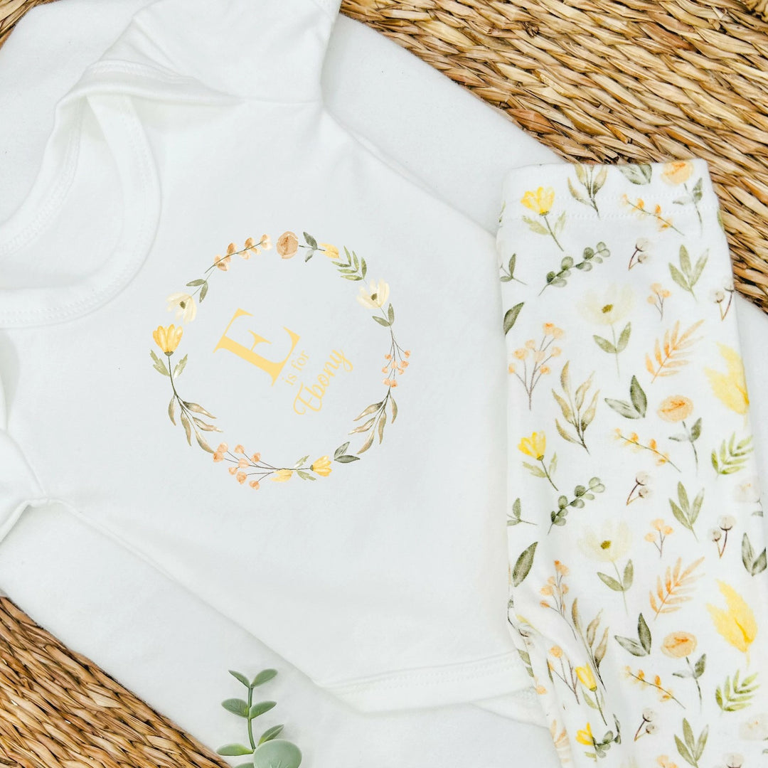 Personalised Spring Floral Initial Wreath Baby Vest