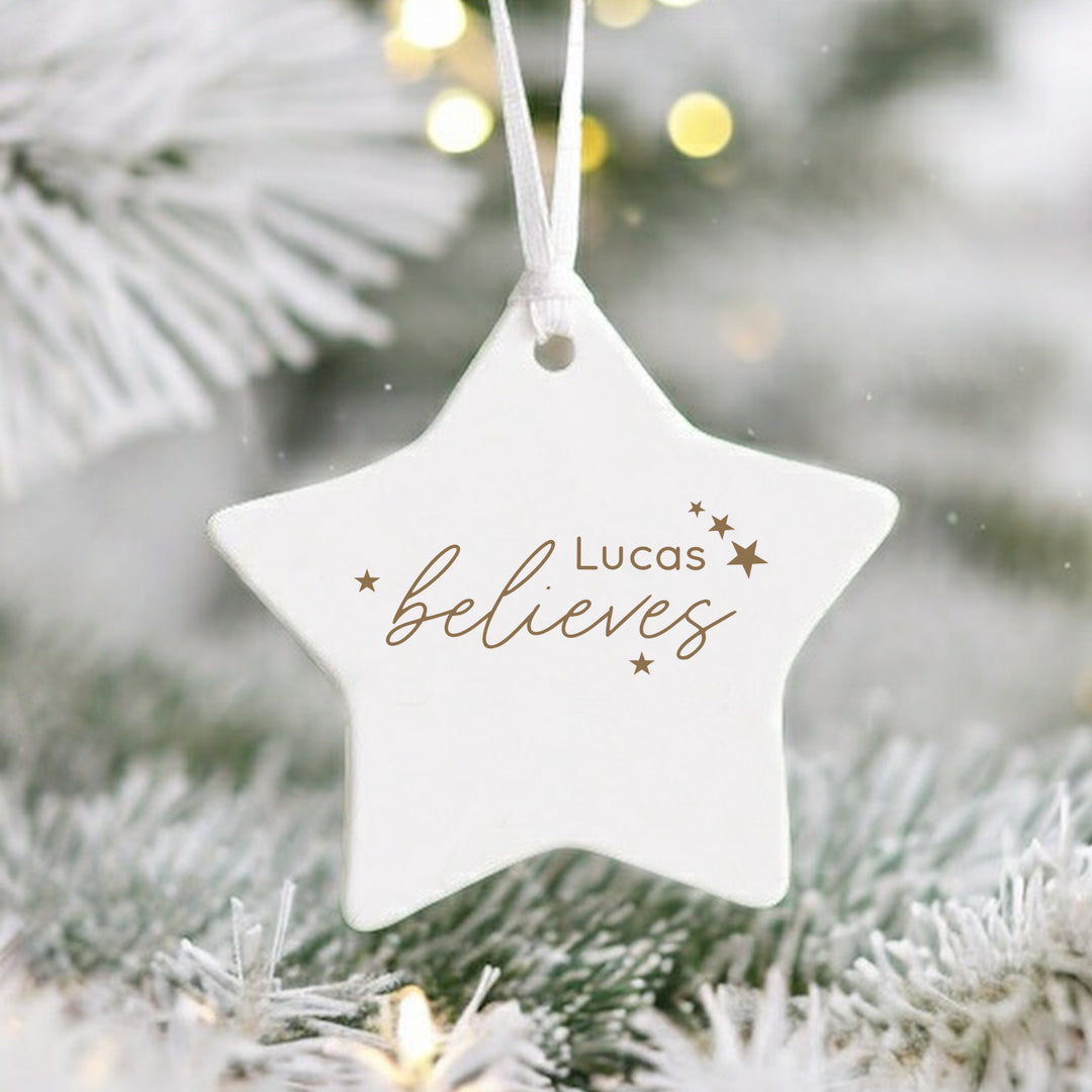 Personalised Gold Star Believes Ceramic Christmas Bauble