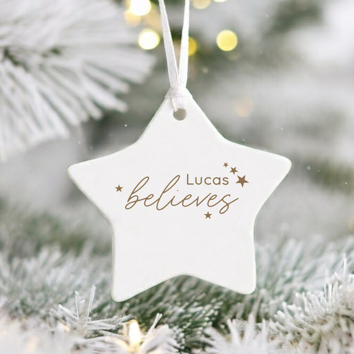 Personalised Gold Star Believes Ceramic Christmas Bauble